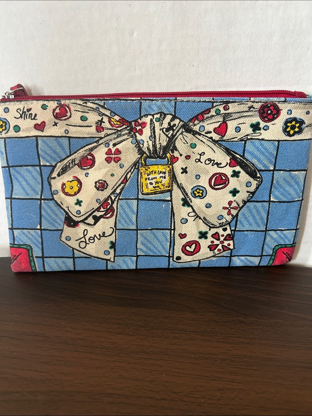 Brighton Blue Grid Cosmetic Pouch with Red Heart Accent